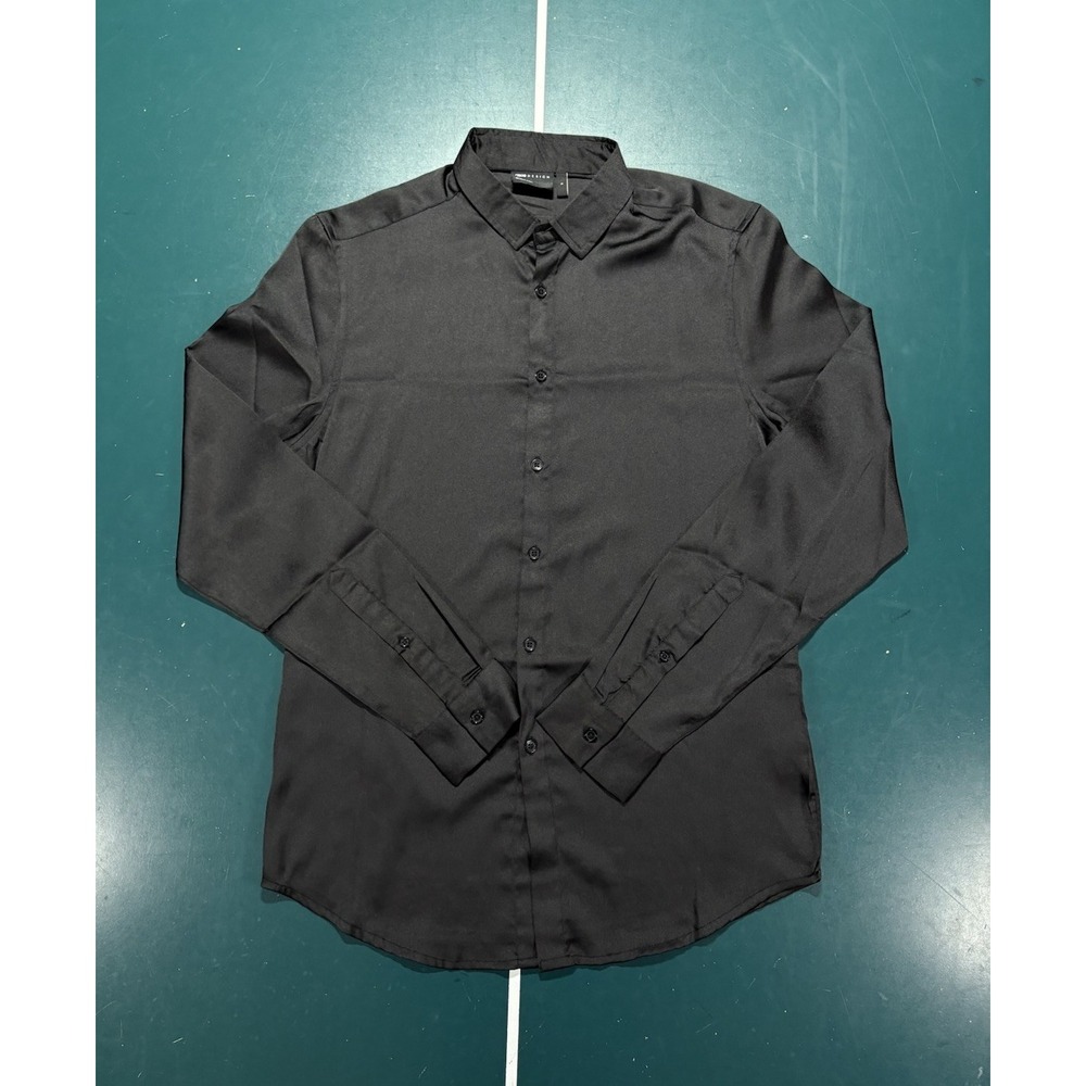 ASOS DESIGN Dress Shirt Black Satin Mens S Solid Long Sleeve Party Button Down